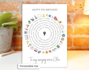 Personalised 9th Birthday Card for Son, Daughter, Grandson, Granddaughter, Niece, Nephew, Nine 9 Year Old Unique Fact Keepsake Gift Age 9