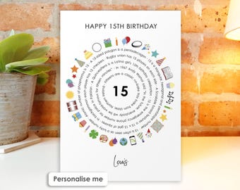 Personalised 15th Birthday Card • Teenager Facts Design • 15th Card for Son, Daughter, Grandson, Granddaughter, Niece, Nephew • Age 15 Gift