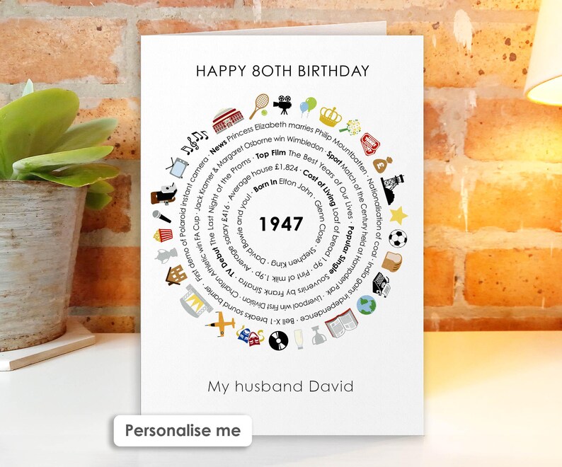 May include: A white greeting card with the text HAPPY 80TH BIRTHDAY at the top and My husband David at the bottom. The center features a circular design with the year 1947 surrounded by historical facts and colorful icons like a tennis racket.