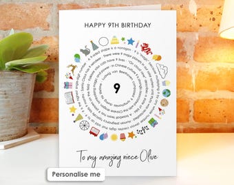 May include: A white birthday card with the text HAPPY 9TH BIRTHDAY at the top and To my amazing niece Olive at the bottom. The center features a large number 9 surrounded by a circular arrangement of facts about the number 9 and colorful icons.