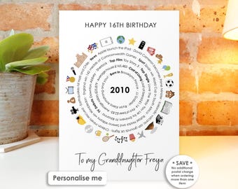 Personalised 16th Birthday Card or Print • 2010 Year Facts • Gift for Friend, Son, Daughter, Niece, Nephew, Grandson, Granddaughter, Age 16