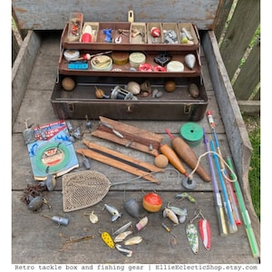 Retro Tackle Box and Fishing Equipment Set | Vintage Fishing Lures ...