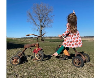 Old tricycle bikes, Vintage toy for home decor, Rustic modern cottage farmhouse decoration or photography prop