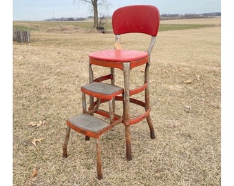 Red Cosco folding step stool chair | Vintage rusty metal chair | Mid century rustic plant stand | Retro industrial kitchen decor