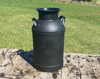 Refinished black milk can, Outdoor summer decor Farmhouse industrial neutral vintage milk can | Large metal milk jug, Rustic front porch