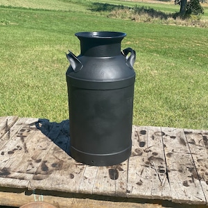 Refinished black milk can, Outdoor summer decor Farmhouse industrial neutral vintage milk can | Large metal milk jug, Rustic front porch