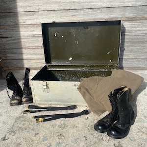 Metal military trunk, Vintage retro footlocker military boots army blanket