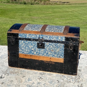 Antique humpback trunk, embossed tin blue Victorian steamer chest, Vintage camelback chest