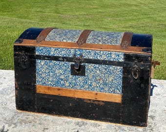 Antique humpback trunk, embossed tin blue Victorian steamer chest, Vintage camelback chest