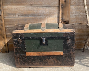 Vintage trunk decor | Large domed wooden chest country cottage bedroom organization, home storage