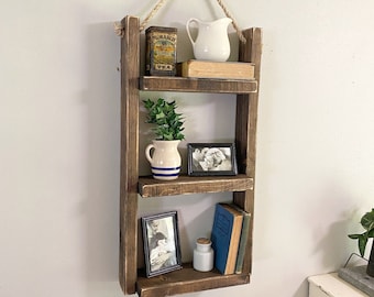Farmhouse Rope Hanging Shelf: Rustic Wood Ladder Storage