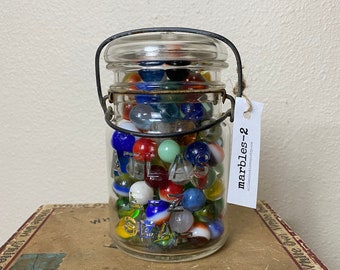 Jar of marbles | Assorted vintage marbles, Atlas Ball mason jar, Vitro bag of marbles, Nostalgic childhood toy, glass clay clearies