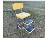 Yellow Cosco folding step stool chair Vintage rusty metal chair Mid century rustic plant stand Retro industrial kitchen decor