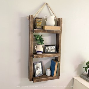 Farmhouse wooden rope shelf, Bathroom shelves over toilet, Ladder storage unit, Modern rustic home decor storage and organization