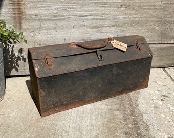 Vintage tool box father's day gift, black metal tool chest box, Antique metal storage box tool case, Farmhouse industrial