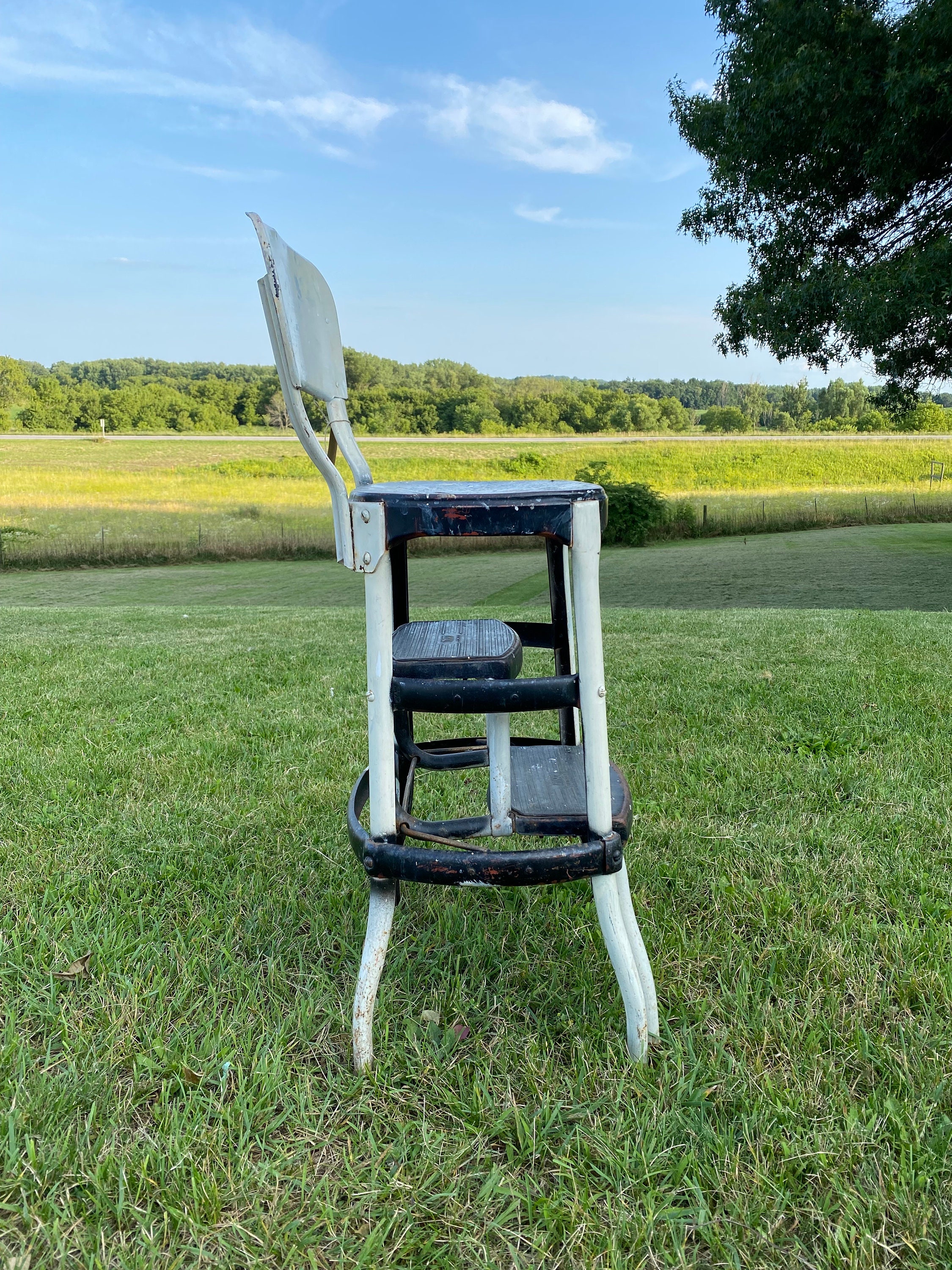 Retro Step Ladder Chair, Black White and Red Vintage Cosco Stool