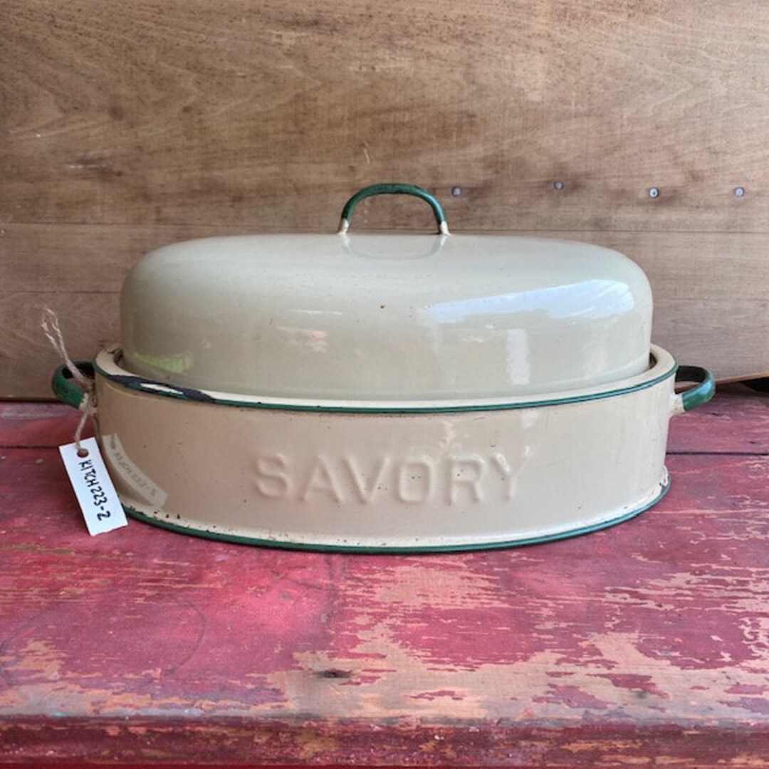 Savory Enamel Ware Roasting Pan With Lid, 17.5 Yellow and Green Vintage Enamelware Primitive