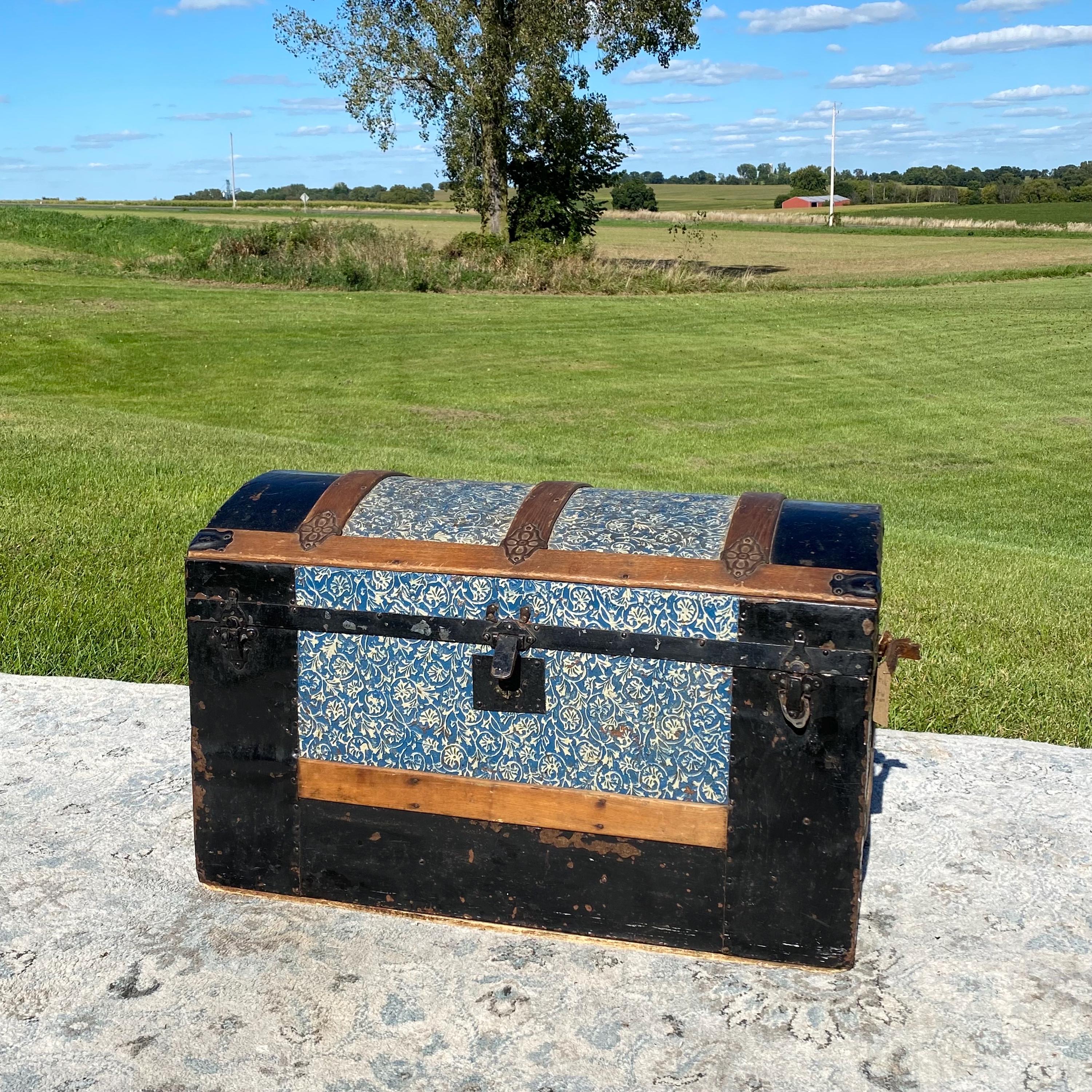 Antique Humpback Trunk, Embossed Tin Blue Victorian Steamer Chest