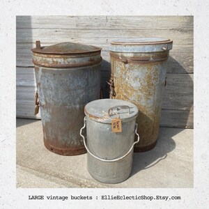 Farmhouse Rustic Set of Two Flared Bottom Buckets with Lids