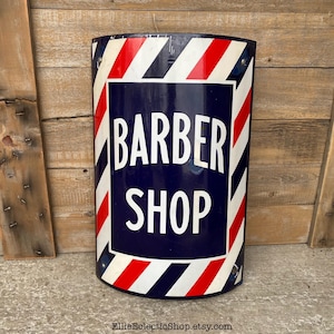 Classic curved barber shop sign, Vintage porcelain signage, Rustic industrial wall hanging