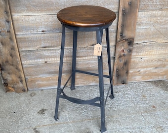 Tall Vintage Industrial Stool: Metal & Wood, 27-29" Height