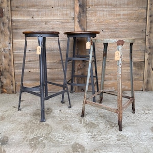 Tall metal wood stools, vintage industrial stools, 29&quot; and 27&quot; tall