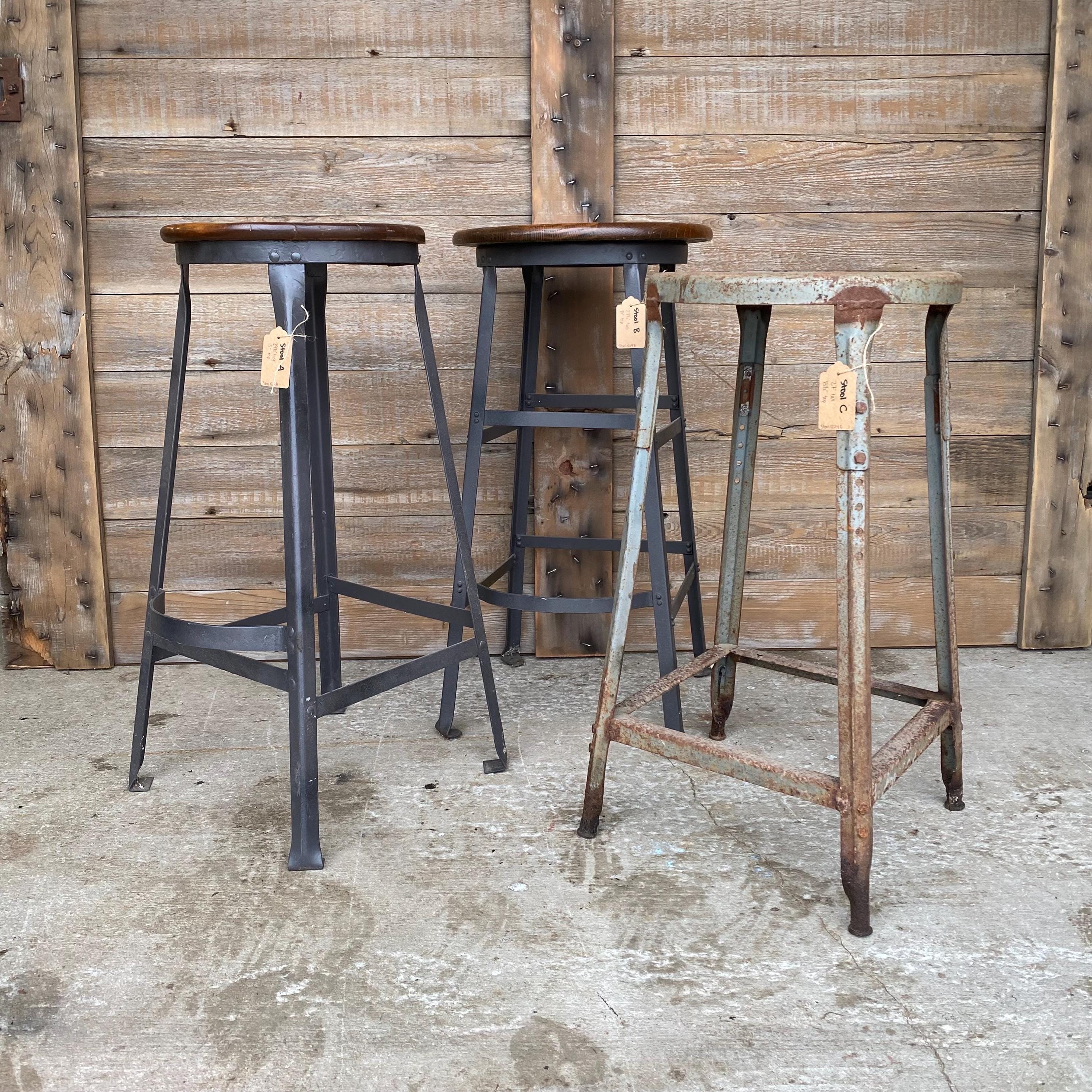 Tall Vintage Industrial Stool: Metal \u0026 Wood, 27-29\, image size:3000x3000