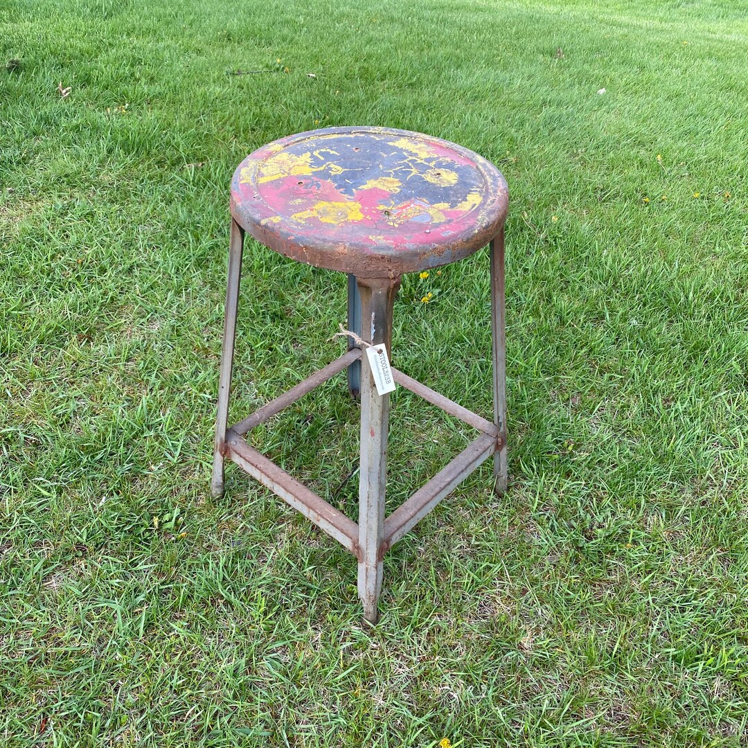 Vintage Metal Stool Round Top Salvaged Vintage Industrial Chair, Plant