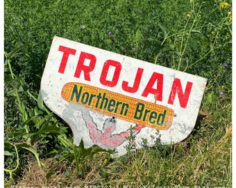 Vintage Trojan seed 24" double sided metal sign | Old Trojan Northern Bred, large unique industrial salvage wall decor advertising signage