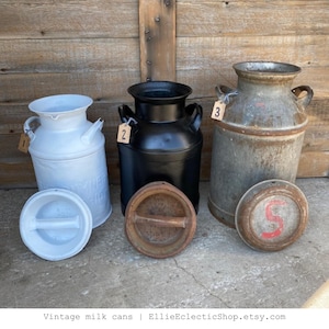 Nice 5 and 10 gallon milk can with writing, Old milk can with lid vintage country cottage decor