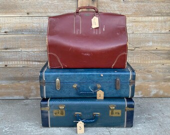 Suitcase decor, Rustic wedding suit case stack, Farmhouse wanderlust home decor storage, Photography prop