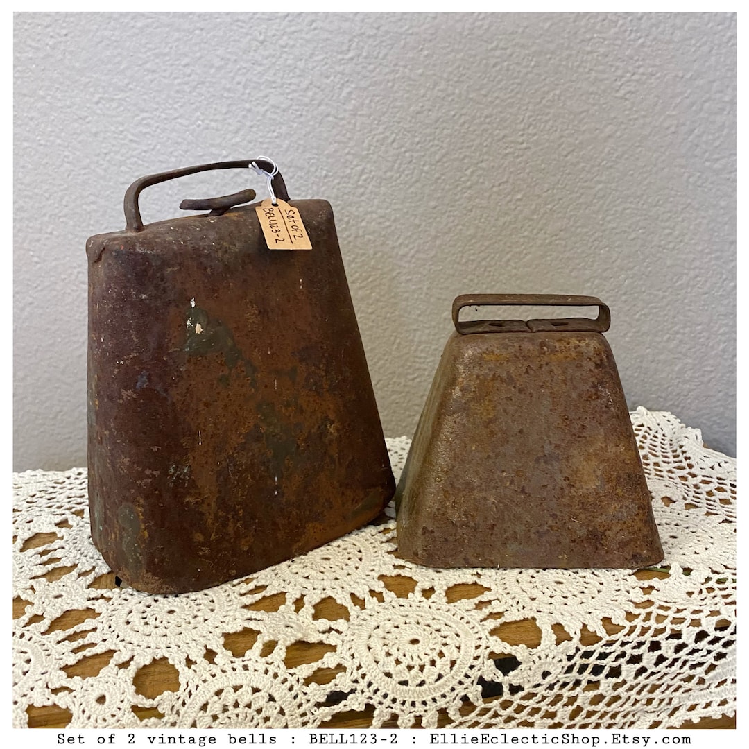 Large Vintage Cow Bells Set of 2 7 and 4.5 Old Antique Farmhouse