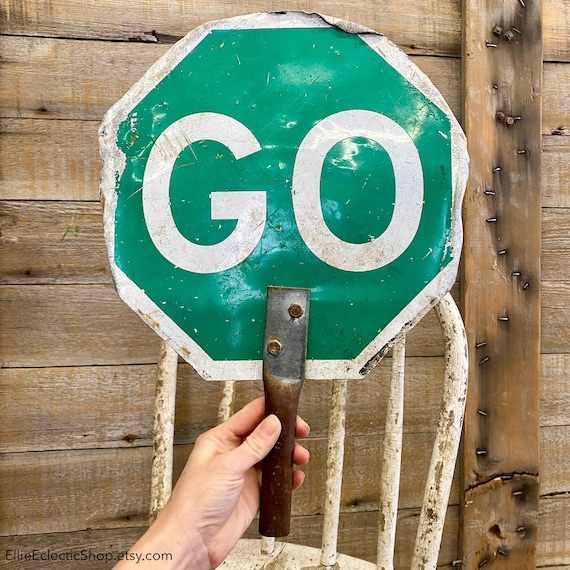 Vtg Double Sided Stop Go Sign | Handheld Crosswalk Sign | Vintage