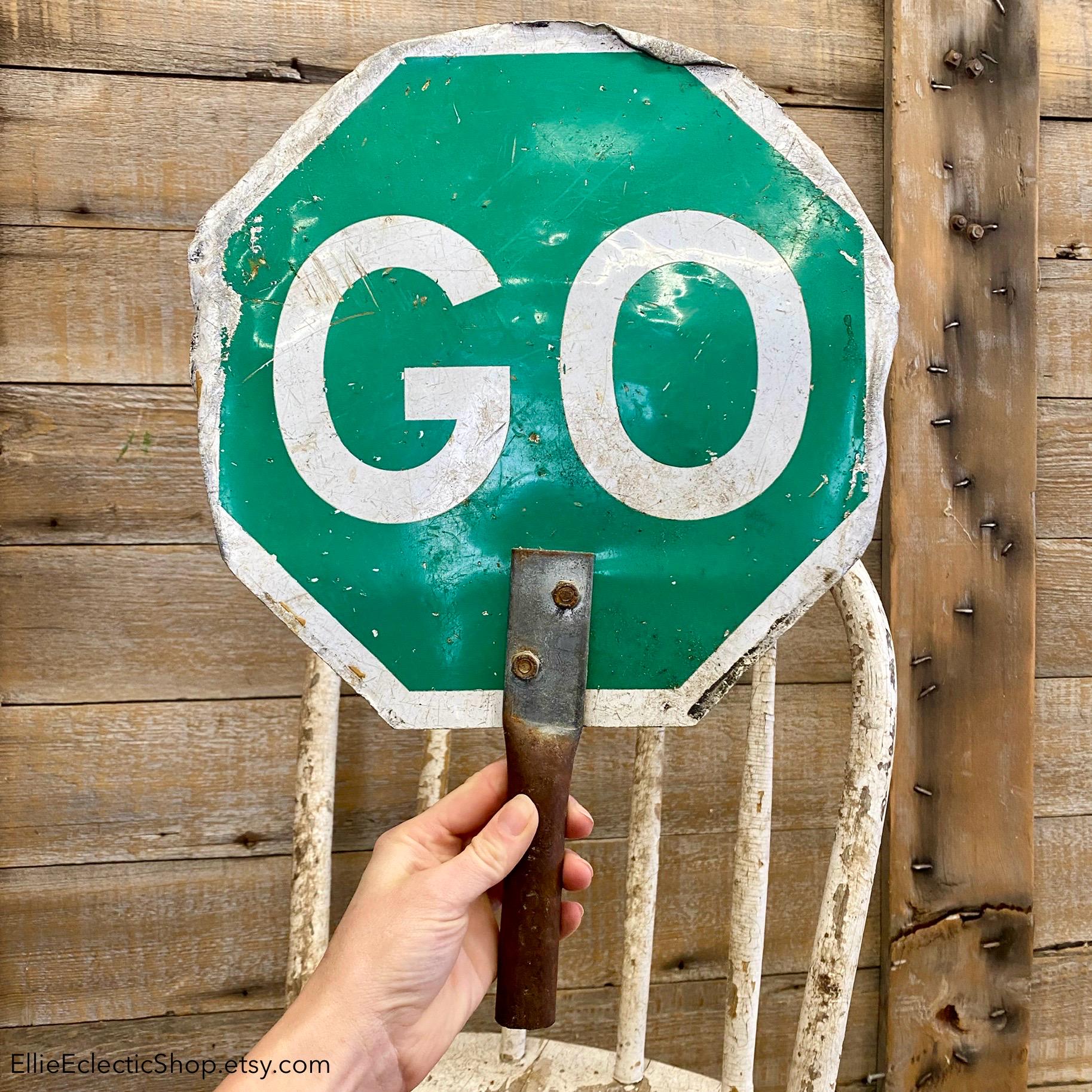 Vtg Double Sided Stop Go Sign | Handheld Crosswalk Sign | Vintage