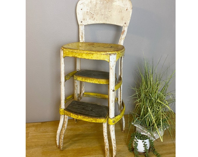 Yellow Cosco Folding Step Stool Chair Vintage Rusty Metal Etsy