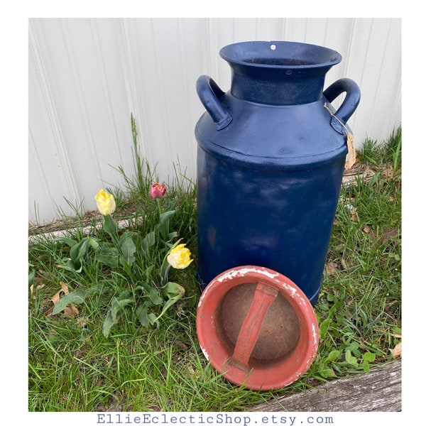 Vintage Americana milk can | Large blue and red milk can Memorial Day Fourth of July home decor