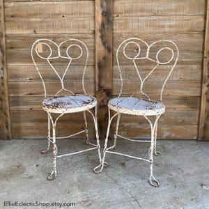 Set of 2 Chippy White Metal Ice Cream Parlor Chairs: Vintage Cottage Garden Decor