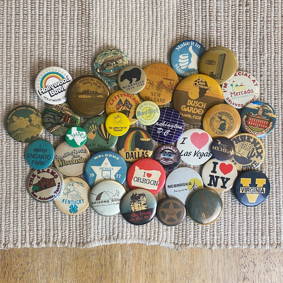 Vintage Travel Button Pin Lot: 1960s-80s Retro Souvenir Collection
