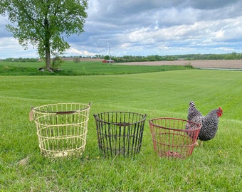 Vintage wire egg basket set of 3 | Old metal wire gathering basket with handle, Rustic primitive farmhouse home decor, old farm basket