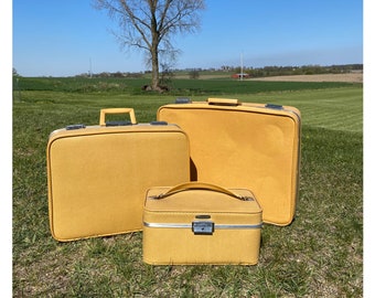 Retro yellow luggage set, 3 piece Towncraft suitcase set, vintage travel set for women men