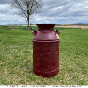 Large vintage milk can with writing | Old country decoration for front porch, refinished wine red color