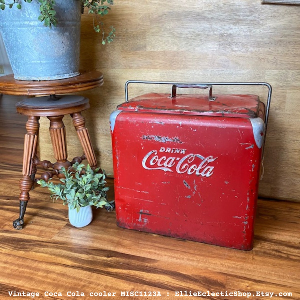 Vintage Coca Cola cooler, Retro red metal cooler beverage bucket vtg Coca Cola memorabilia