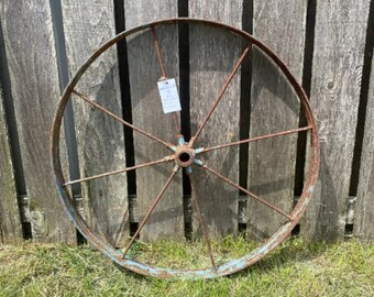 Large 30" metal wheel | Chippy blue vintage country front porch decor, Farmhouse industrial salvage garden decor wagon wheel