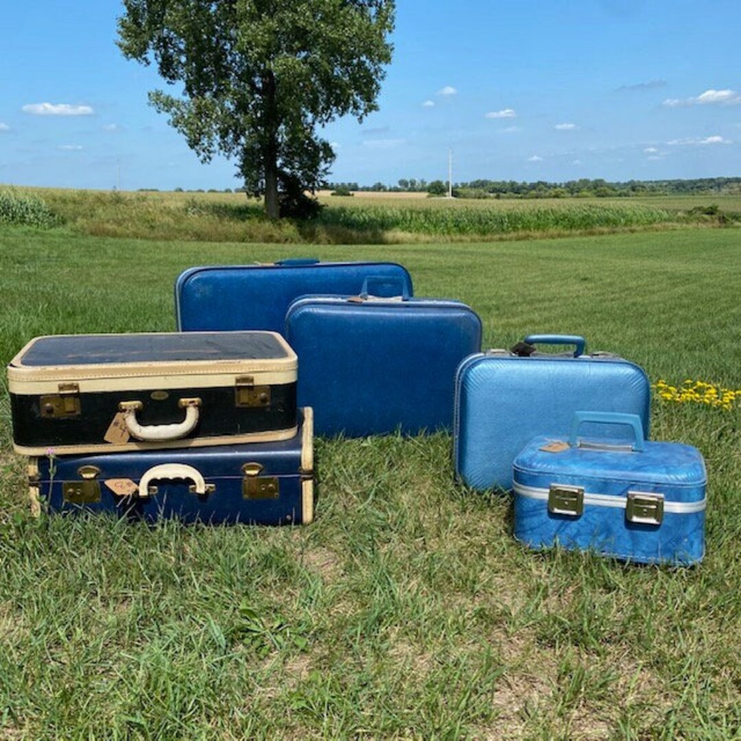 Vintage Suitcases Blue Luggage Large and Small Blue Colored Suit Cases
