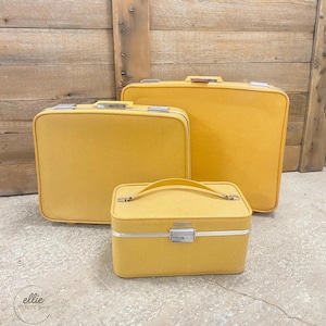 Retro yellow luggage set, 3 piece Towncraft suitcase set, vintage travel set for women men