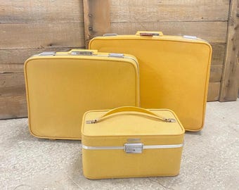 Retro yellow luggage set, 3 piece Towncraft suitcase set, vintage travel set for women men