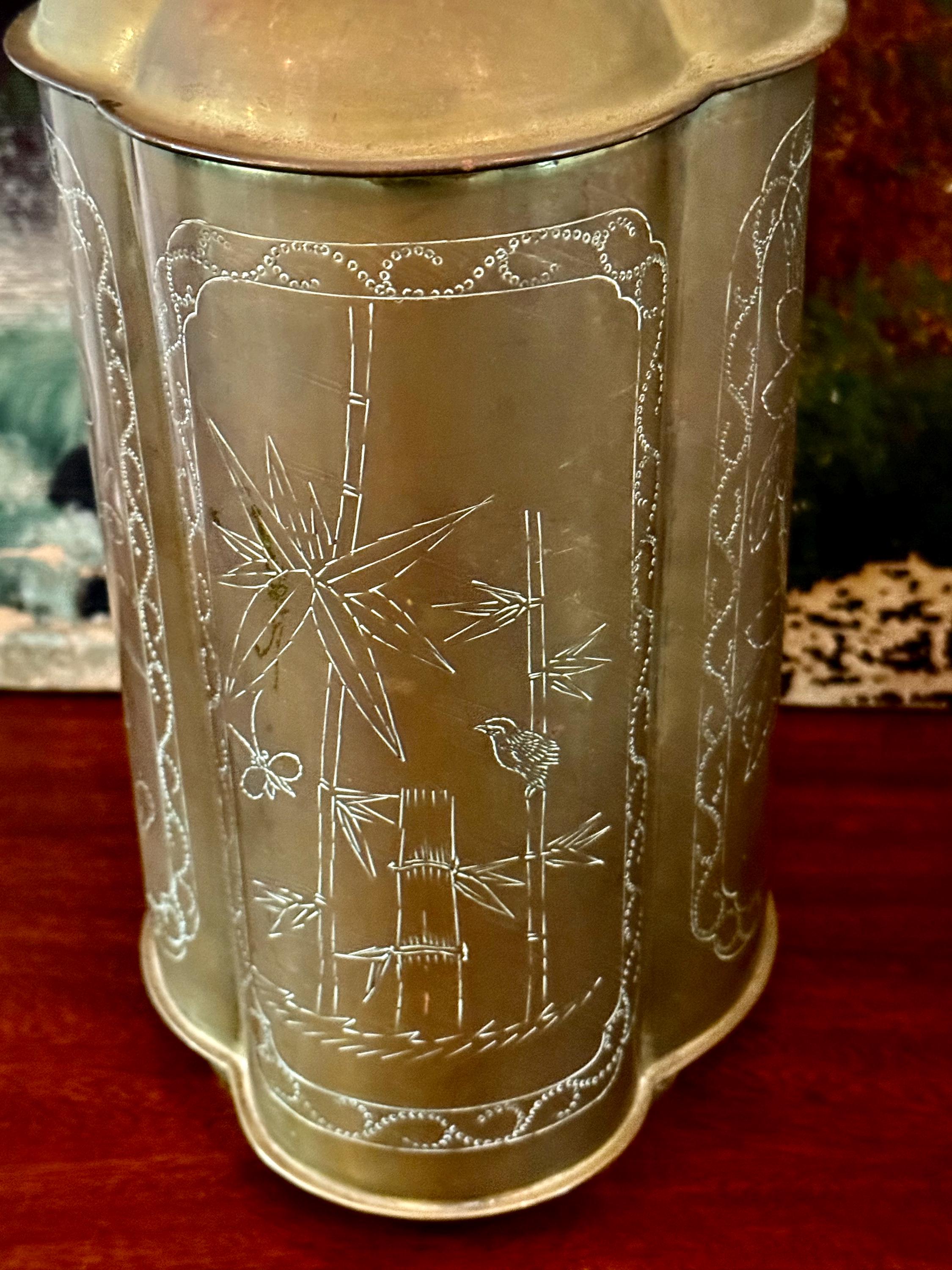 Vintage Brass Tea Caniser--vintage Chinese Etched Brass Canister
