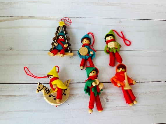 Vintage Christmas Wooden Doll Ornaments--Vintage Felt & Wood Christmas Doll Ornaments
