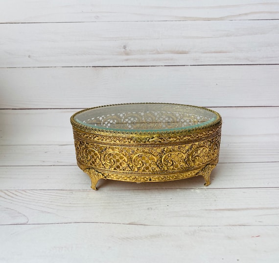 Vintage Brass Ormolu Jewelry Box - Vintage Glass