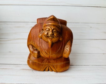 Vintage Carved Wood Buddha--Wooden Happy Buddha